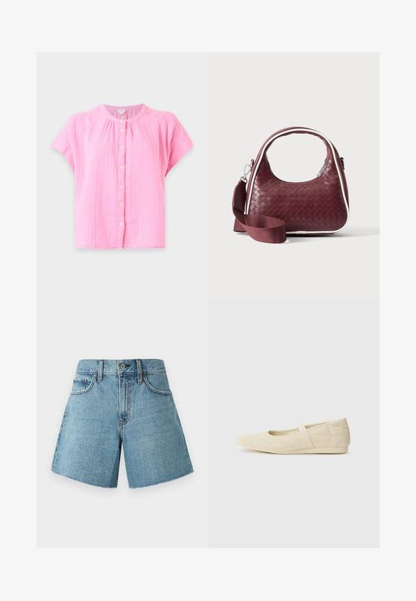 Hellrosa kurzärmlige Bluse mit rundem Ausschnitt und vorderer Knopfleiste, mit leicht gekräuselter Textur.; Jeansshorts in hellblau, mit hohem Bund, fünf Taschen und rohem Saum. Hergestellt aus strukturiertem Baumwollstoff mit klassischem Design.; Beige Ballerinas aus glattem Leder mit mandelförmiger Zehenpartie und elastischem Riemen über dem Fußrücken, ausgestattet mit dezenten Nähtelementen.; Dunkelrote gewebte Ledertasche mit gebogenem Griff, weißem Besatz, silbernem Reißverschluss und abnehmbarem breitem Stoff-Schulterriemen vor einfarbigem Hintergrund.