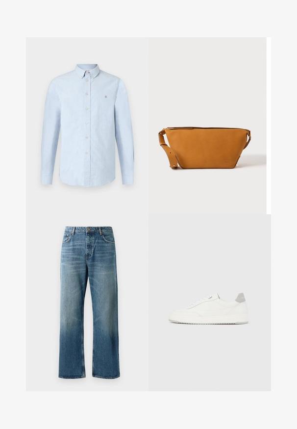 Lyseblå skjorte med knapper, lange ærmer, krave, lavet af tekstureret stof med beige knapper og en lille logo på brystet.; Lysblå brede jeans med en falmet vask, prydet med enkeltknaplukning, fem lommer og kontrastsyede detaljer.; Hvid lavtop-sneaker med gråt hælflig, hvide snørebånd og tekstureret sål, vist på en ensfarvet lys baggrund.; Lys brun læder crossbody taske med justerbar rem og lynlås, vist mod en ensartet lys baggrund.