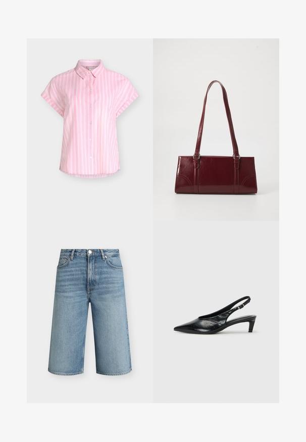 Chemise rose à manches courtes avec des rayures blanches verticales, une patte de boutonnage sur le devant et un col pointu, présentée sur un fond uni.; Shorts en denim bleu clair longueur genou avec fermeture avant à bouton et zip, passants de ceinture et poches avant, présentés sur un fond uni.; Escarpin à bride arrière en cuir noir avec un bout pointu, un petit talon et une sangle à boucle réglable. Texture lisse avec un minimalisme dans les détails.; Sac à main bordeaux en matériau brillant, de forme rectangulaire, avec deux anses et des accents légèrement courbés à l'avant.
