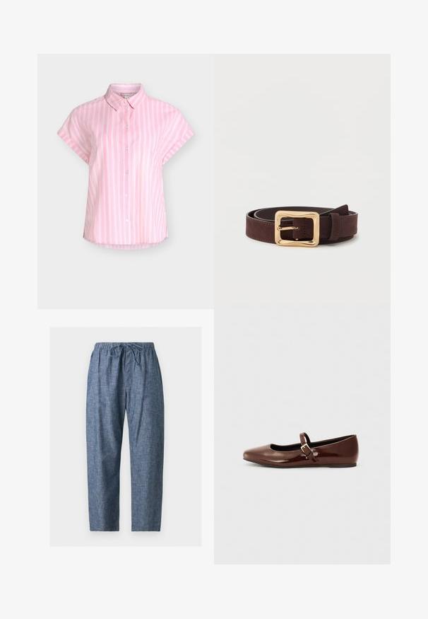 Chemise rose à manches courtes avec des rayures blanches verticales, une patte de boutonnage sur le devant et un col pointu, présentée sur un fond uni.; Pantalon décontracté en chambray bleu avec taille élastique et cordon de serrage, coupe droite, présenté sur un fond uni.; Ballerine en cuir verni marron avec un bout carré et une lanière ornée d'une petite boucle dorée. Texture lisse, talon bas et design minimaliste.; Ceinture en cuir marron foncé avec une large boucle carrée dorée, enroulée à plat sur une surface blanche.