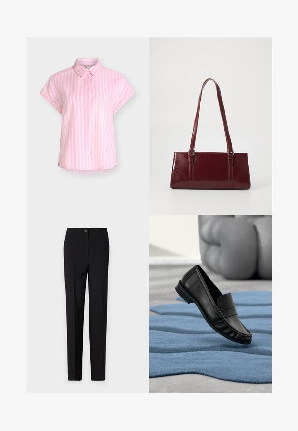 Camisa rosa de manga corta con rayas blancas verticales, cierre de botones en el frente y cuello puntiagudo, mostrada sobre un fondo liso.; Pantalones negros ajustados con un diseño de pierna recta, con cierre de botón y trabillas para cinturón, fabricados con tela suave.; Zapato mocasín de cuero negro flotando sobre una alfombra azul texturizada con un sofá gris desenfocado al fondo.; Bolso burdeos hecho de material brillante, de forma rectangular, con dos asas para el hombro y sutiles acentos curvados en la parte frontal.