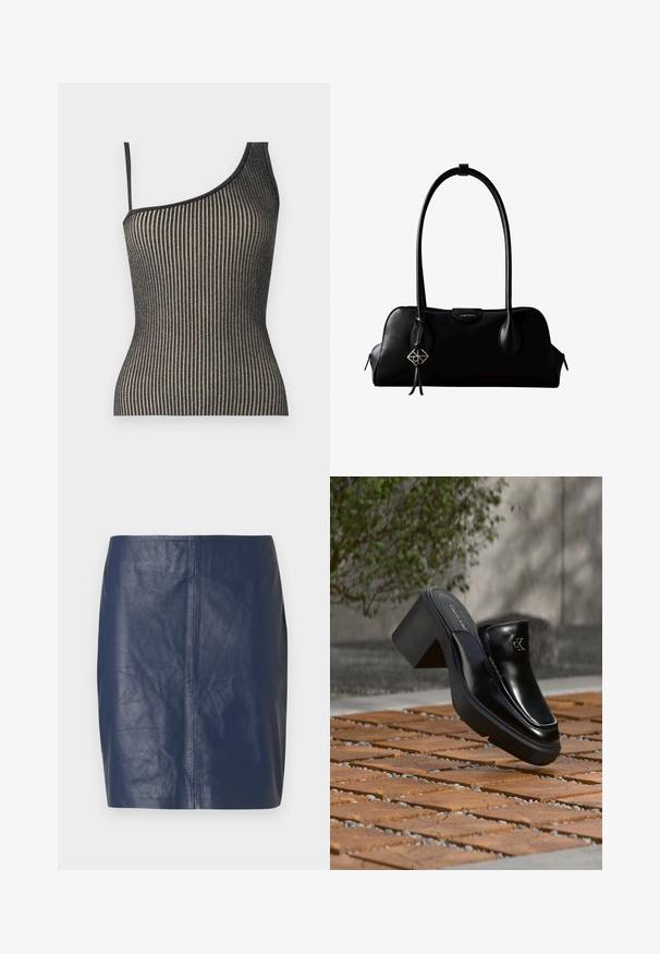 Een one-shoulder top met een ribbelontwerp in zwart en goud met dunne bandjes, met een getailleerde pasvorm en subtiele glans.; Minirok van navyblauw leer met een gladde textuur, rechte snit en minimale stikdetails aan de zijkanten.; Zwarte leren Calvin Klein slip-on mule met blokhak rustend op houten tegels buiten, vlak bij een groene plant en een grijze muur.; Zwarte leren Calvin Klein handtas met lange hengsels, een logo-label aan de voorkant en een zilverkleurige geometrische hanger die aan één hengsel hangt.