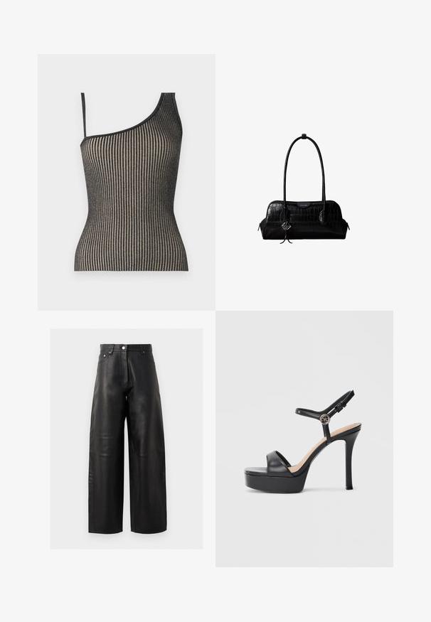 Haut asymétrique à une épaule avec un design côtelé en noir et or, doté de fines bretelles, affichant une coupe ajustée et un subtil reflet.; Pantalons larges en cuir noir avec taille haute, poches avant et détails de couture subtils. La texture lisse met en valeur le design.; Sandales à plateforme noires avec un talon haut stilettos, dotées d'une tige en cuir lisse, d'un bout ouvert et d'une bride de cheville ajustable avec ferrures.; Sac à épaule en cuir noir à texture crocodile, avec de longues sangles et un petit charm logo argenté sur une sangle.