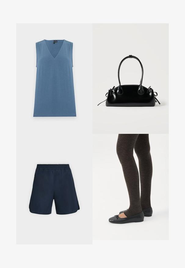 Haut bleu tricoté sans manches avec col en V, ourlet droit et texture lisse, présenté sur un fond blanc uni.; Shorts de sport bleu marine avec taille élastique et fentes latérales, présentés à plat sur un fond clair uni.; Jambes portant des leggings côtelés foncés associés à des ballerines noires avec de petits détails en nœud sur fond blanc.; Petit sac à main noir brillant avec deux longues anses et des détails à cordon sur les côtés sur un fond clair uni.