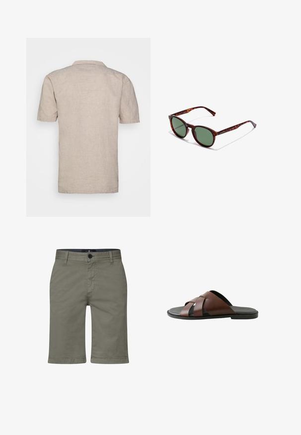 Beige Leinenhemd mit kurzen Ärmeln und Kragen, aus strukturiertem Stoff mit geradem Saum, ohne sichtbare Muster oder Akzente.; Khakishorts aus einem glatten Baumwollmischmaterial, mit einem Reißverschluss, einem Knopfverschluss und Fronttaschen. Gerades Bein Design, knielanger Schnitt.; Braune Herren-Pantoletten aus Leder mit gekreuzten Riemen und schwarzer Sohle, seitlich auf weißem Hintergrund dargestellt.; Braune Schildpatt-Sonnenbrille mit runden Rahmen, grünen Gläsern und gemusterten Bügeln. Mit Markenlogo an einem Bügel.