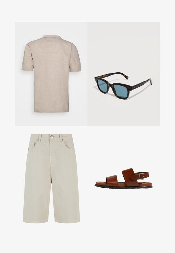 Chemise en lin beige à manches courtes avec un col, dotée d'un tissu texturé et d'un ourlet droit, sans motifs visibles ni accents.; Shorts en denim beige avec une coupe droite, une fermeture à bouton à l'avant et quatre poches. Le tissu a une texture lisse et un minimum de détails de couture.; Sandales en cuir marron avec deux larges brides et une boucle de cheville réglable. Caractéristiques : semelle plate et semelle extérieure en caoutchouc noir texturé.; Lunettes de soleil à monture écaille avec des verres rectangulaires teintés en bleu reposant sur une surface blanche.