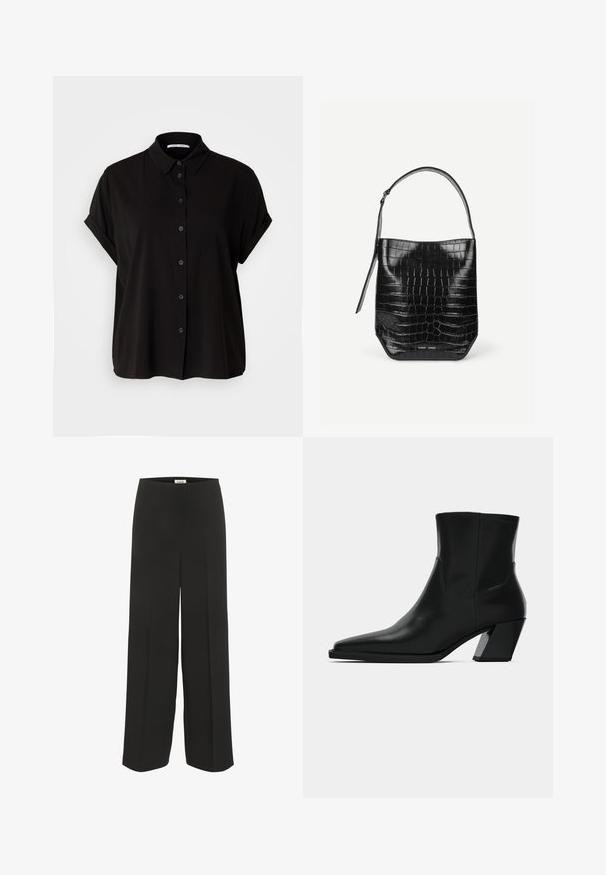 Camisa negra de manga corta con botones en el frente, cuello y puños enrollados. Hecha de una tela suave con un corte relajado.; Pantalones negros de pierna ancha con cintura alta y detalles sutiles de pliegue, diseñados para un ajuste relajado y elegante.; Bota de tobillo de cuero negro con punta afilada, una silueta elegante y un tacón cuadrado grueso. Textura suave con detalles de costura mínimos.; Bolso tipo saco de piel negra con relieve de cocodrilo, con una sola correa para el hombro y un pequeño logo de la marca en plata en el centro inferior frontal.