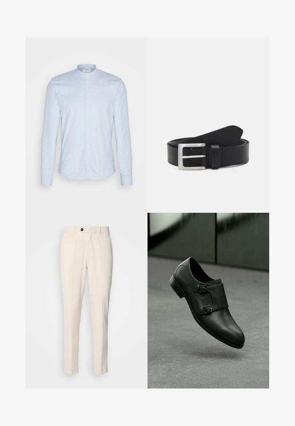 Hellblaues Langarmhemd mit Mandarin-Kragen, ausgestattet mit einer Knopfleiste und weichem, strukturiertem Stoff. Taillierte Passform mit abgerundetem Saum.; Beige maßgeschneiderte Hosen mit flacher Vorderseite, Ein-Knopf-Verschluss und zwei schrägen Seitentaschen. Glattes Material mit schmaler Passform und spitz zulaufendem Bein.; Schwarze Lederschuhe mit einem schlanken Design, ausgestattet mit zwei silbernen Schnallenakzenten und einer runden Zehenform, vor einem grauen Hintergrund.; Schwarzer Leder Gürtel mit glatter Textur, silberner rechteckiger Schnalle und einer Schlaufe für das Ende. Verfügt über eine saubere Naht entlang der Kanten.