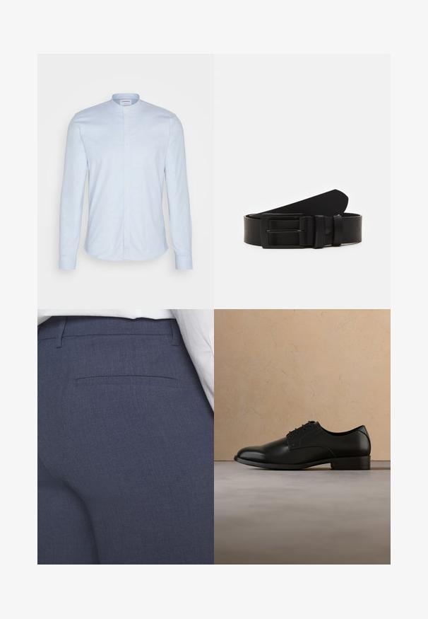 Chemise à manches longues bleu clair avec col mandarin, dotée d'une fermeture à boutons et d'un tissu doux et texturé. Coupe ajustée avec un ourlet arrondi.; Pantalon bleu marine sur mesure en tissu texturé, avec un devant plat, une poche arrière discrète et des lignes épurées. Sans accessoires ni ornements visibles.; Chaussure habillée en cuir noir lévitant au-dessus d'un tapis beige tissé, avec une table basse ronde en bois et des livres empilés en arrière-plan flou.; Ceinture en cuir noir roulée avec une boucle en métal rectangulaire noir mat et deux passants sur fond blanc.