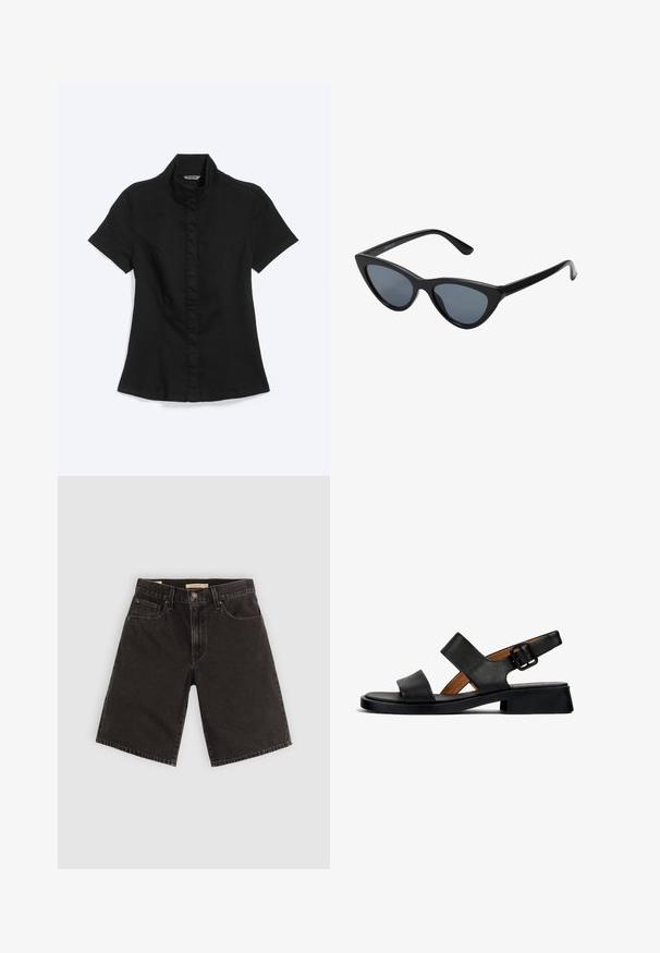 Schwarzes, tailliertes Hemd mit kurzen Ärmeln, Stehkragen und verdeckter Knopfleiste vorne auf weißem Hintergrund.; Schwarze Denim-Shorts mit geradem Schnitt, fünf Taschen und Metallbeschlägen, aus strukturiertem Stoff und mit normalem Taillenbund.; Schwarze Leder-Sandale mit zwei horizontalen Riemen und einem geschnallten Knöchelriemen. Flache, strukturierte Sohle mit einem leichten Absatz und einer glatten Oberfläche.; Schwarze Cat-Eye-Sonnenbrille mit dunkelgrauen Gläsern, schlankem Kunststoffrahmen, spitzen Ecken und geraden Bügeln. Keine sichtbaren Befestigungen oder Akzente.