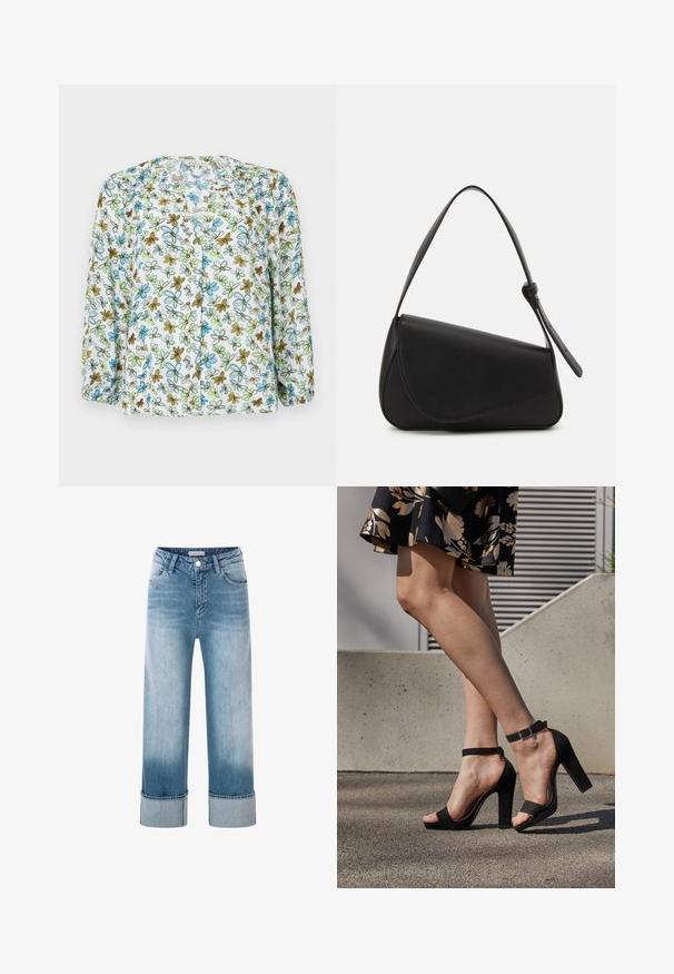 Blumiges Blusenhemd aus transparentem weißen Stoff, mit blauen und grünen Blumen sowie braunen Akzenten. Lange Ärmel mit Raffung an den Bündchen.; Helle blaue Jeans aus Denim mit hoher Taille, weitem Bein und umgeschlagenen Säumen. Besitzt ein klassisches Fünf-Taschen-Design und Details aus Kupfer.; Schwarze Wildleder-High-Heelsandalen mit einem Knöchelriemen und einer Schnalle, offener Zehenpartie und einem stabilen Absatz. Glatte Textur und minimalistischer Stil.; Schwarze Lederhandtasche mit dreieckiger Form, schrägem Klappdeckel und rundem Oberhandgriff. Verfügt über eine glatte Textur und minimalistische Designdetails.