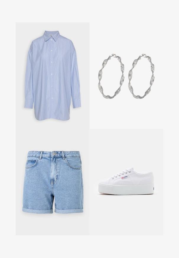 Weekday VERSATILE - Blúzka so zapínaním na gombíky - white; Džínové šortky v svetlomodrej farbe, s rolovaným lemom, štandardnými vreckami a predným zapínaním na gombík. Mäkká štruktúra s mierne vyblednutým vzhľadom.; Biele plátenné tenisky s hrubou bielou platformou, okrúhlou špičkou a kovovými očkami na šnúrky. Logo značky zobrazené na boku.; Strieborné kruhové náušnice so skrúteným dizajnom, s textúrovaným povrchom a bezpečným zapínaním. Ľahké a reflexné s elegantným povrchom.