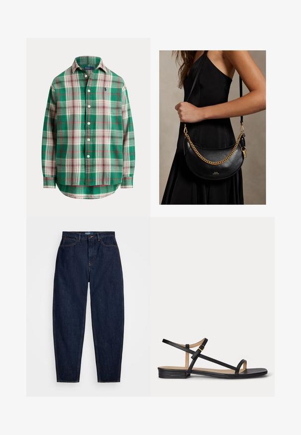 Groen, wit en rood geruit overhemd met lange mouwen, knopen, kraag en klein geborduurd blauw logo op de borst.; Donkerblauwe denim jeans met een rechte pasvorm, voorzien van oranje stiksels, een sluiting met knoop aan de voorkant en vijf zakken.; Zwarte platte sandaal met dunne bandjes, teenlus en verstelbare enkelgesp op een lichte achtergrond.; Vrouw in een zwarte jurk die een zwarte leren handtas in halvemaanvorm met een gouden ketting en band over haar schouder draagt.