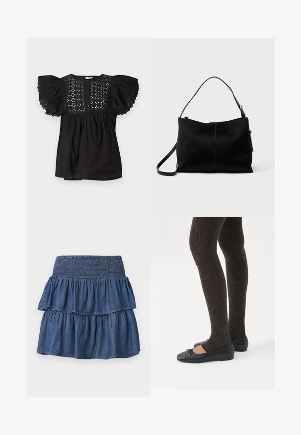 Sort bluse med puffede kortærmer med blonder, hulmønster med blomster på øverste bryst, og knaplukning foran.; Blå lagdelt denimnederdel med bred smocktalje og to opsamlede lag på en ensfarvet baggrund.; Ben iført mørke ribbede leggings kombineret med sorte balletsko med små sløjfedetaljer på hvid baggrund.; Sort skuldertaske med en glat, tekstureret overflade, prydet med en enkelt rem og en lynlåslukning øverst. Kompakt rektangulær form.
