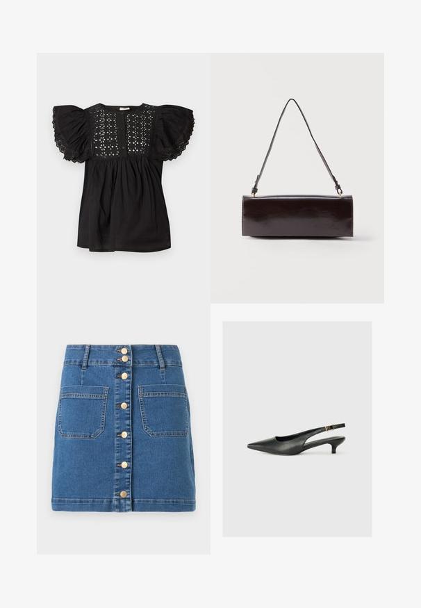 Zwarte blouse met pofmouwen afgezet met kant, een geborduurd bloemmotief op de bovenborst en een knoopsluiting aan de voorkant.; Blauwe denim minirok met knoopsluiting aan de voorkant en twee grote opgestikte zakken, met riemlussen en contrasterende stiksels.; Zwarte puntschoen met slingback van soepel leer. Kenmerkt zich door een dunne hak en een gespdetail op de verstelbare band.; Rechthoekige zwarte leren handtas met een enkele lange schouderband en een glanzende afwerking, weergegeven tegen een effen witte achtergrond.