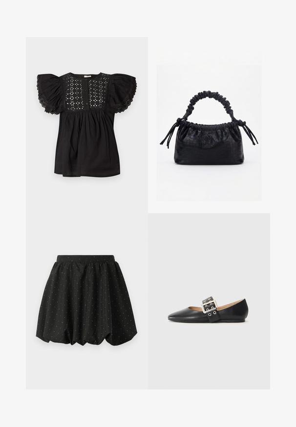 Blouse noire avec manches courtes bouffantes bordées de dentelle, motif floral en broderie ajourée sur la partie supérieure de la poitrine et patte de boutonnage à l'avant.; Jupe bulle noire avec une taille élastique et un motif de pois blancs. Fabriquée en tissu léger, elle présente un design volumineux et un ourlet arrondi.; Chaussure plate en cuir noir avec un bout pointu et une bride décorative à boucle équipée de ferrures argentées et de petites découpes.; Sac à main noir avec texture crocodile, bord supérieur froncé, poignée plissée et pompons à cordon de chaque côté sur fond blanc.