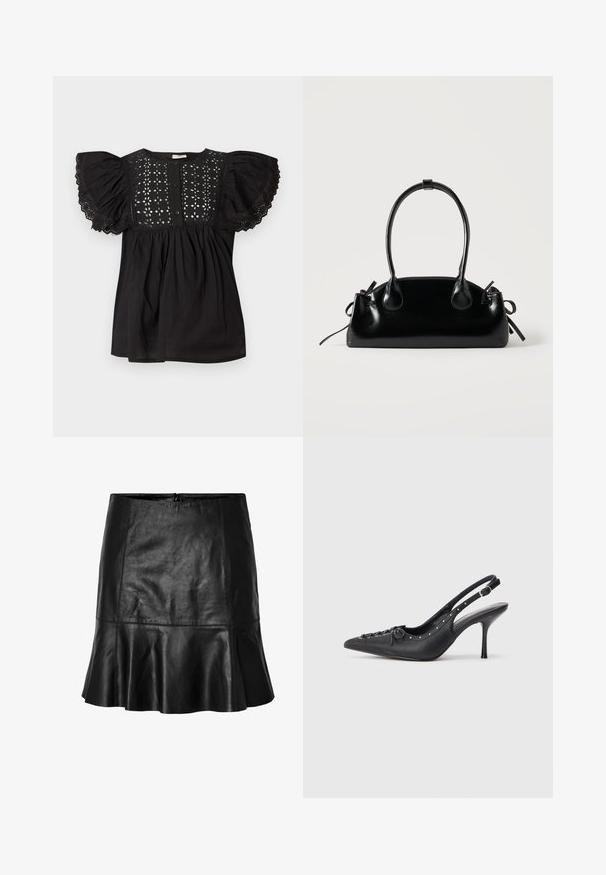 Zwarte blouse met pofmouwen afgezet met kant, een geborduurd bloemmotief op de bovenborst en een knoopsluiting aan de voorkant.; Zwart leren mini-jurk met uitlopende zoom en zichtbare stiksels, met een ritssluiting aan de achterkant.; Zwarte leren slingback stiletto met spitse neus, zijgesp met gesp, studs langs de rand en decoratieve veters aan de voorkant.; Kleine zwarte glanzende handtas met twee lange hengsels en zijkant trekkoord details op een effen lichte achtergrond.
