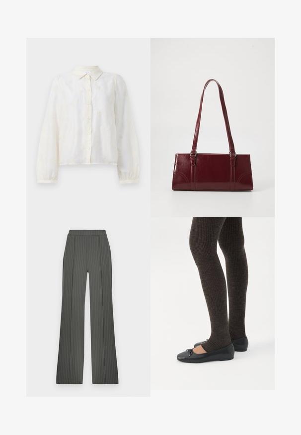 Camisa blanca bordada con mangas largas, cierre de botones en el frente y cuello. Pequeños patrones florales decoran la tela.; Pantalones de rayas grises con una cintura alta, perneras anchas y una textura suave. Presentan bolsillos laterales y detalles de costuras verticales.; Piernas con leggings oscuros acanalados combinados con bailarinas negras que presentan pequeños detalles de lazo sobre un fondo blanco.; Bolso burdeos hecho de material brillante, de forma rectangular, con dos asas para el hombro y sutiles acentos curvados en la parte frontal.
