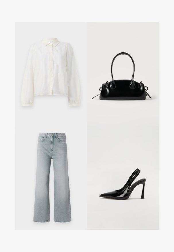 Camisa blanca bordada con mangas largas, cierre de botones en el frente y cuello. Pequeños patrones florales decoran la tela.; Jeans de pierna ancha gris claro, hechos de mezclilla con un acabado desgastado. Presentan cinco bolsillos, pasadores para cinturón y un cierre con botón delantero.; Zapato de tacón con tirante en negro de charol, punta afilada, tacón alto y delgado, y doble tira elástica para un ajuste seguro. Superficie suave y brillante.; Pequeño bolso negro brillante con dos asas largas y detalles de cordón lateral sobre un fondo claro liso.