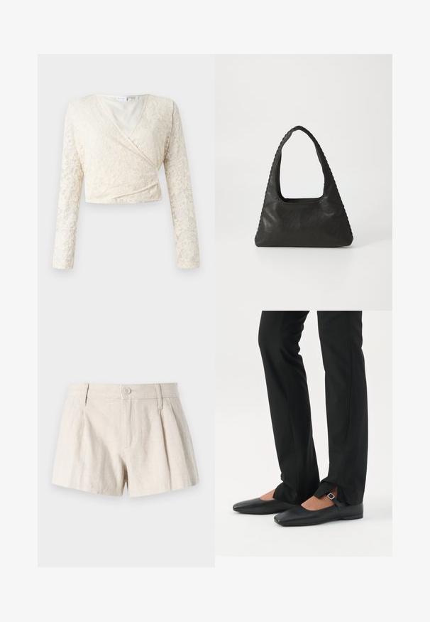 Cremfarbene Spitzen-Wrap-Bluse mit langen Ärmeln, V-Ausschnitt und floralem Muster. Sanfte Innenfutter, die kurz geschnittene Form hebt die Spitzenstruktur hervor.; Leinen-Shorts in einem hellbeigen Farbton, mit einem plissierten Design, vorderem Knopfverschluss und einer glatten, strukturierten Oberfläche.; Beine in schwarzen schmalen Hosen mit vorderen Schlitzen am Saum, kombiniert mit schwarzen flachen Mary-Jane-Schuhen mit kleinem Schnallenriemen.; Schwarze Lederhandtasche mit dreieckiger Form, einem großen Ausschnittgriff und detaillierter Naht entlang der Kanten. Glatte Textur.