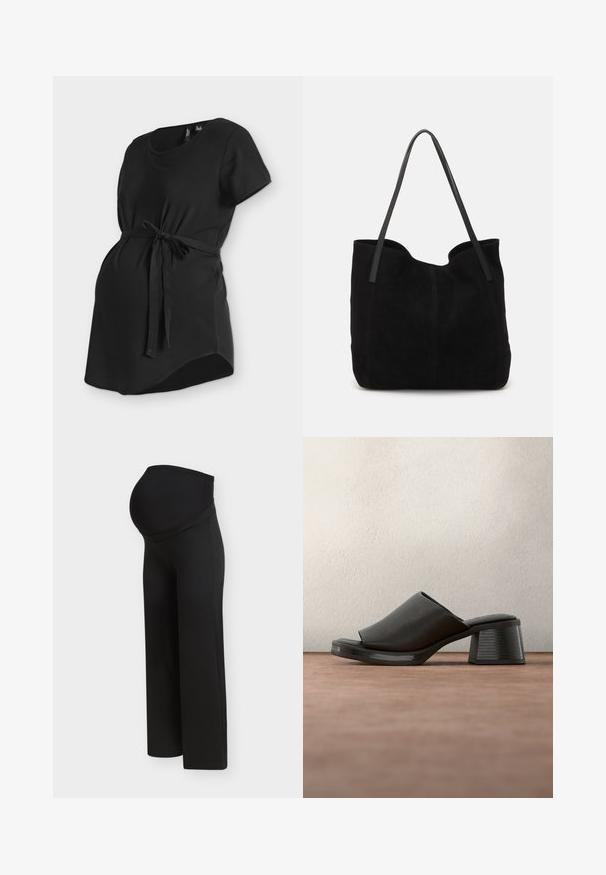 Top premamá negro de manga corta con escote redondo y cinturón atado a la cintura, diseñado para ajustarse a una barriga de embarazo.; Pantalones de maternidad negros con una cintura alta y elástica diseñada para soportar el vientre de una mujer embarazada, mostrados sobre un fondo claro y liso.; Sandalia mule negra de punta abierta con tacón ancho y parte superior de cuero texturizado, suspendida sobre una superficie gris con un fondo oscuro desenfocado.; Bolso de mano de ante negro con dos correas de cuero largas y planas. Presenta un borde superior curvado y costuras visibles en la parte frontal. Sin acentos de metal.