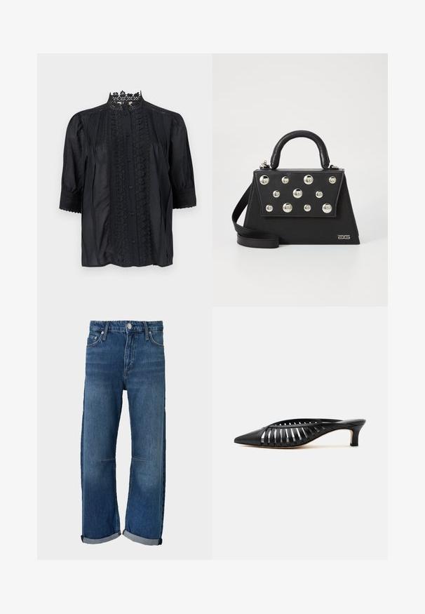 Blouse noire semi-transparente avec col en dentelle, détails en dentelle verticale et plis creux, boutonnée à l'avant, et manches trois-quarts bouffantes avec poignets en dentelle.; Jean en denim bleu avec taille élastique, bouton à l'avant, revers roulés et poches visibles à l'avant et à l'arrière.; Mule en cuir noir avec bout pointu, design découpé à brides et petit talon kitten sur fond blanc.; Sac à main noir avec une forme structurée, doté d'une poignée supérieure, d'une bandoulière et de clous décoratifs en métal à l'avant.