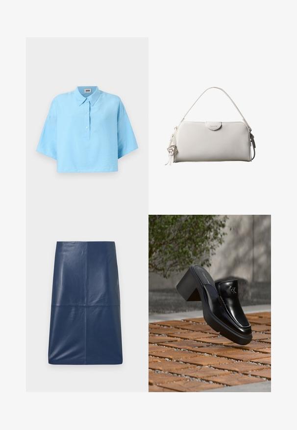 Lyseblå cropped skjorte med krave, frontlukning med knapper og korte ærmer. Lavet af et glat, letvægtsstof.; Marine læder blyantskørt med en glat, blank tekstur, der har et simpelt, strømlinet design og en lige pasform. Ingen synlig hardware.; Sort læder Calvin Klein slip-on mule med blokhæl, der hviler på trætøj udendørs nær en grøn plante og en grå væg.; Hvid rektangulær Calvin Klein håndtaske med enkelt håndtag, minimalistisk design og dekorative kvaster med geometrisk metalvedhæng på siden.
