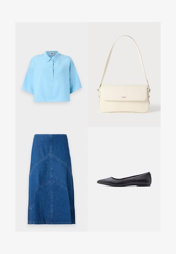 Lyseblå cropped skjorte med krave, frontlukning med knapper og korte ærmer. Lavet af et glat, letvægtsstof.; Denim blyantskirt i mørkeblue med lodrette sømdetaljer og en lige silhuet. Har en talje og rå kant.; Sort flad lædersko med spidst tåparti og lav hæl, vist i sideprofil mod en hvid baggrund.; Cremefarvet læder skuldertaske med flaplukning, sølvfarvet beslag, en enkelt justerbar rem og diskrete logodetaljer.