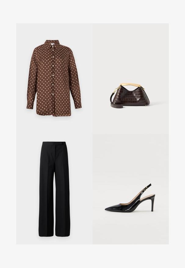 Chemise marron à pois en tissu lisse, avec un col pointu, une patte de boutonnage complète et des manches longues à poignets boutonnés.; Pantalons noirs à jambe large avec une texture lisse et mate. Ceinture plate sans matériel ni motifs visibles. Design simple et élégant.; Pompe slingback en cuir verni noir avec un bout pointu, un talon fin et un design de découpes subtil. Elle dispose d'une boucle dorée sur la sangle.; Sac à main marron foncé embossé crocodile avec poignée supérieure incurvée dorée et bandoulière amovible sur fond blanc.