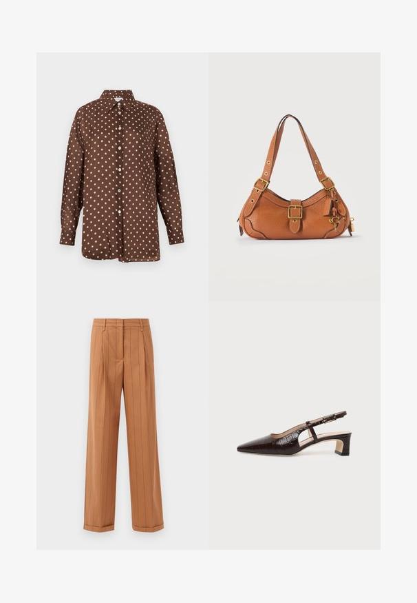Chemise marron à pois en tissu lisse, avec un col pointu, une patte de boutonnage complète et des manches longues à poignets boutonnés.; Pantalons bruns à rayures fines avec une conception sur mesure, featuring des plis, une coupe droite et un ourlet retroussé. Fabriqués dans un tissu lisse.; Chaussure slingback en cuir marron foncé à texture crocodile, bout pointu, talon bas bloc et bride ajustable avec boucle dorée.; Sac à bandoulière en cuir marron avec boucles dorées, sangles réglables, rabat avant et breloques décoratives en forme de clé et d’étiquette.