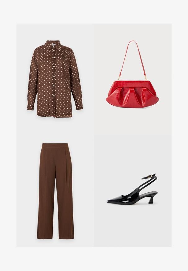 Chemise marron à pois en tissu lisse, avec un col pointu, une patte de boutonnage complète et des manches longues à poignets boutonnés.; Pantalon marron à jambes larges avec une texture lisse, présentant un devant plat et des plis. La taille est élastiquée pour le confort et l'ajustement.; Escarpins à brides arrière en cuir verni noir, à bout pointu, avec un petit talon carré et une sangle de cheville ajustable dotée d'une boucle dorée.; Sac d'épaule en cuir rouge avec une structure rigide, un corps plissé et une fine sangle ajustable, sur un fond uni.