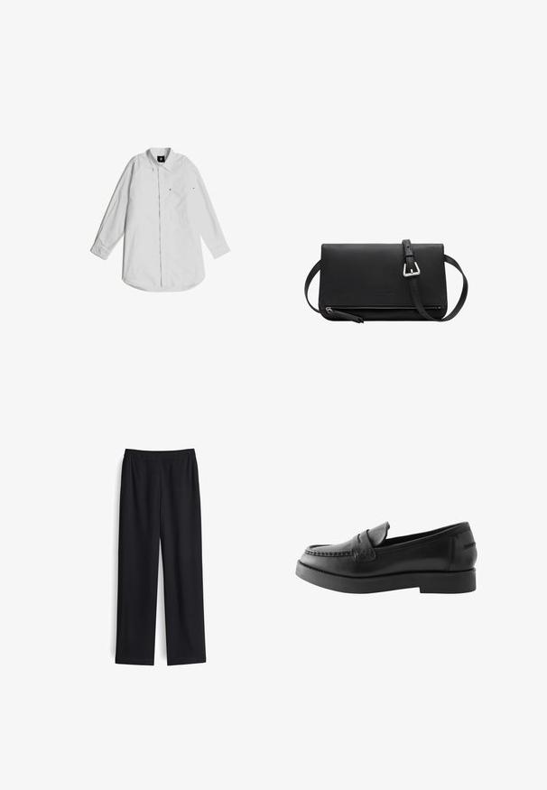 Weißes Langarmhemd aus leichtem Baumwollstoff. Mit einem Button-down-Kragen, einer Brusttasche und dezenten Stichdetails.; Schwarze weite Hose aus glattem Stoff mit elastischem Bund und ohne sichtbare Taschen. Gerade Form mit sauberem Finish.; Schwarze Lederhalbschuhe mit flacher Sohle, abgerundetem Zeh und dekorativer Naht auf dem Obermaterial. Keine sichtbaren Beschläge oder Muster.; Schwarze Leder-Umhängetasche mit strukturiertem Oberflächen, Reißverschluss und silberfarbener Schnalle an einem verstellbaren Riemen. Mit eingeprägtem Logo.