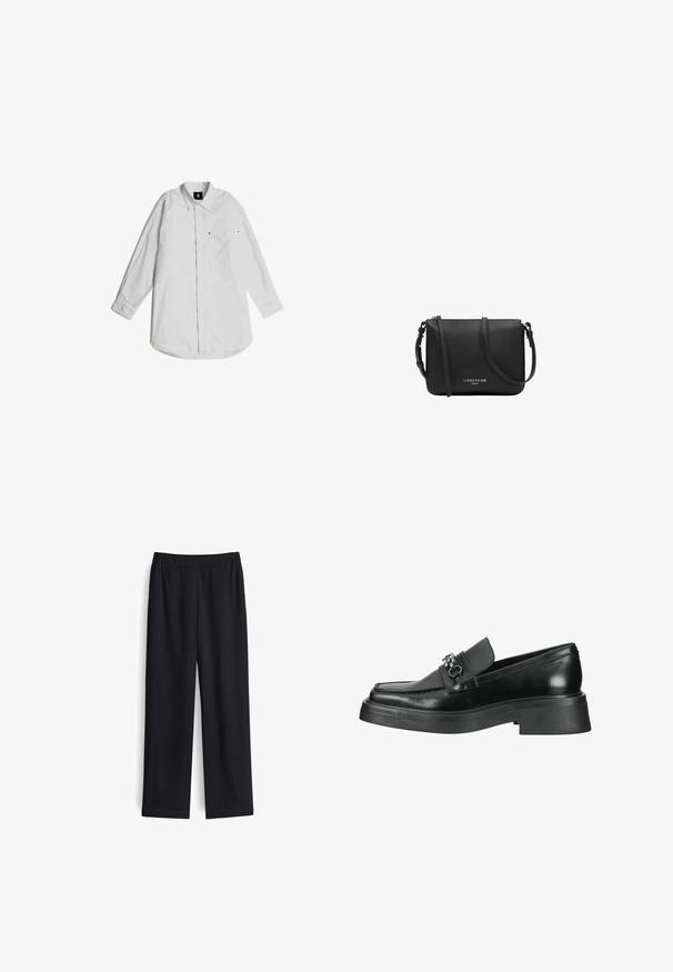 Weißes Langarmhemd aus leichtem Baumwollstoff. Mit einem Button-down-Kragen, einer Brusttasche und dezenten Stichdetails.; Schwarze weite Hose aus glattem Stoff mit elastischem Bund und ohne sichtbare Taschen. Gerade Form mit sauberem Finish.; Schwarze Lederloafer mit glatter Oberfläche, ausgestattet mit einer erhöhten Vorderseite, silbernen Akzentbeschlägen und einer massiven Gummisohle.; Schwarze Leder-Umhängetasche mit verstellbarem Riemen und silbernem Reißverschluss, "Liebeskind Berlin" Logo in der Mitte vorne.
