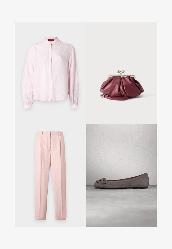 Blusa rosa claro con cuello mandarín, mangas largas abullonadas y textura vertical. Cierre con botones en la parte delantera, confeccionada en una tela suave.; Pantalones rosa claro a medida con pliegues delanteros, trabillas para cinturón y diseño de pierna recta sobre un fondo blanco liso.; Bailarinas de ante gris con puntera redonda, adorno de cuerda anudada y un sutil ribete en contraste a lo largo del borde. Suela plana y flexible.; Pequeño bolso de mano de cuero burdeos con cierre metálico plateado y correa de muñeca sobre fondo blanco.