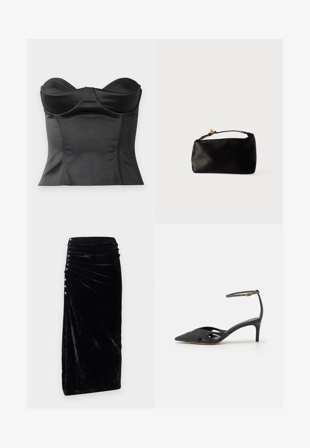 Sort struktureret top med hjerteformet udskæring. Har glat, strækbart stof og lodrette ribber langs barmen for støtte.; Rabanne Pencil skirt - black; Sort læder højhælet sko med spids tå, åbne sider og en tynd ankelrem med en lille guld detalje.; Sort satinpung med en afrundet form, et håndtag i toppen og en guldaccentlås. Glat tekstur med et minimalistisk design.