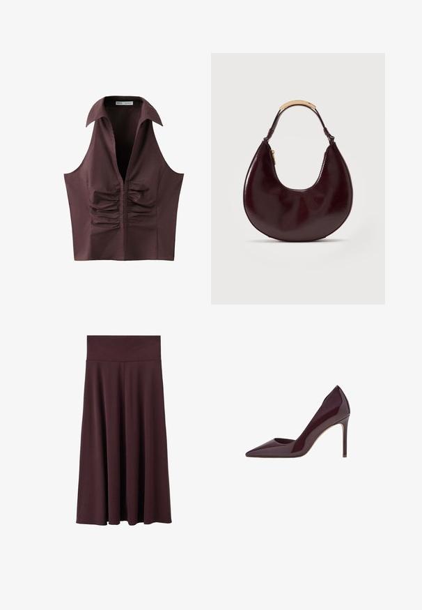 Mouwloze donkerbruine blouse met diepe V-hals, brede kraag en geplooid gerimpeld detail aan de voorkant in het midden.; Marsala midi-rok gemaakt van zachte stof met een brede, elastische tailleband. Heeft een vloeiend ontwerp dat licht taps toeloopt naar de zoom.; Bordeaux patentleren hoge hakpumps, ontwerp met spitse neus, slanke silhouet en stilettohak. Gladde textuur met glanzende afwerking.; Donkerbruine, halvemaanvormige leren handtas met een korte handgreep voorzien van een metalen accent in goudkleur en een zijrits.