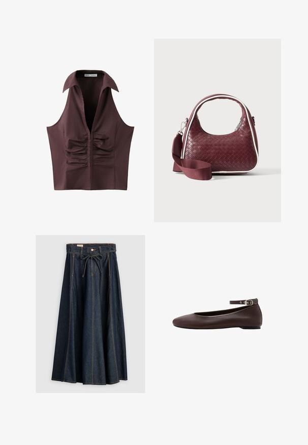 Blouse sans manches marron foncé avec un décolleté en V profond, un large col et un détail froncé au centre devant.; Levi's® XL SKIRT - Jupe en jean - square circle; Chaussure plate marron foncé avec bout arrondi et bride de cheville réglable avec boucle argentée sur fond blanc.; Sac à main en cuir tressé marron foncé avec poignée courbée, garniture blanche, fermeture éclair argentée et bandoulière large en tissu amovible sur fond uni.