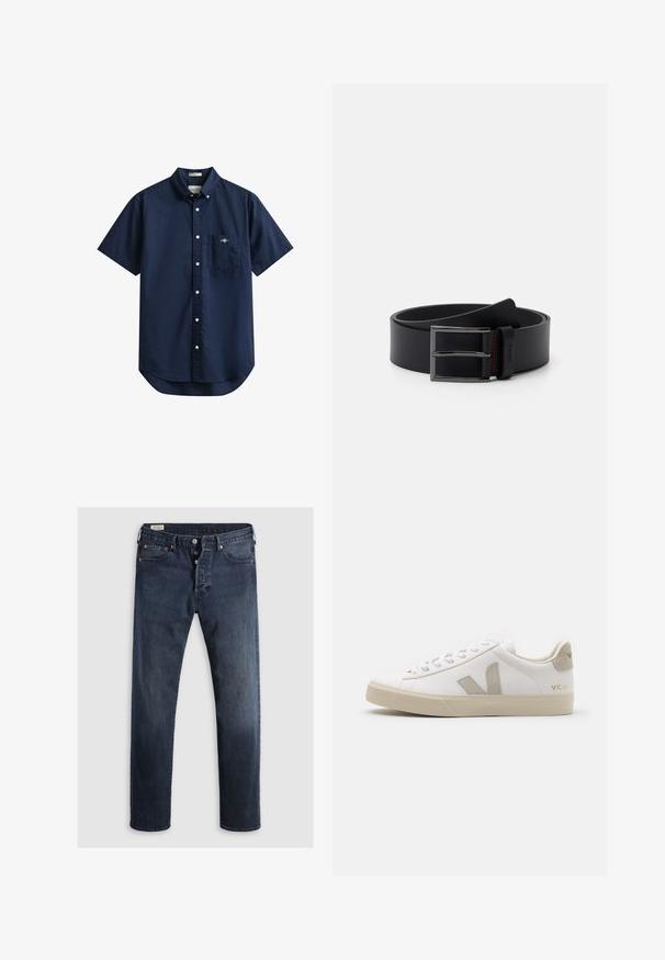 Marineblaue Kurzarm-Hemd mit Knopfleiste, geknöpftem Kragen und Brusttasche mit kleinem gesticktem Logo.; Dunkelblaue Denim-Jeans mit geradem Bein, ausgestattet mit einem Reißverschluss, Metallknöpfen und Kupfernieten. Glatte Textur, keine sichtbaren Muster.; Weiße Ledersneaker mit beigen Akzenten, flacher Gummisohle, runder Zehenpartie und kontrastierendem Logo an der Seite und Rückseite. Mit Schnürdesign.; Schwarzer Ledergürtel mit glatter Textur und einer silbernen Metallschnalle. Mit rotem Stich auf der Lederschlaufe für zusätzliche Details.