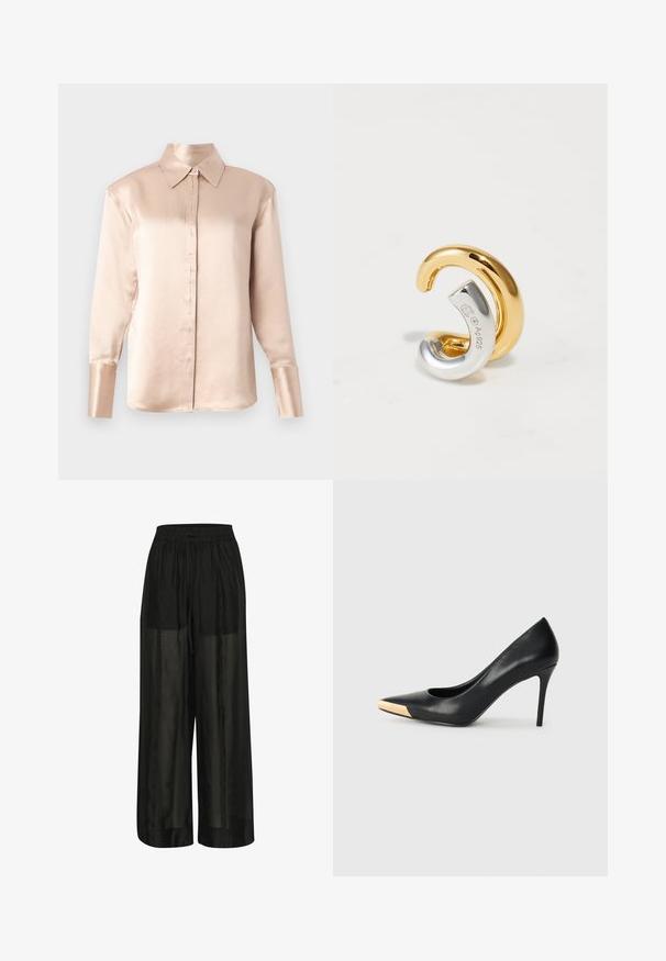 Satiinist blouse pehmes beežis klassikalise krae, pikkade varrukate, nööbitlemise ja veidi ülekaaluka lõikega. Sile tekstuur, minimaalsed detailid.; Mustad laiad mustad püksid, mis on valmistatud läbipaistvast kangast, elastse vöökohaga ja nööri reguleerimiseks, tagades mugava istuvuse ja sileda tekstuuri.; Mustmust suured mõõgapead; pöidla kurgus on metallist kullatooni aktsent. Sile pind ja peen disain.; Kahe omavahel ühendatud kõrvarõnga, üks kuldne ja teine hõbefirma Ag925 tembeldatuna, kujutatud valgel taustal.