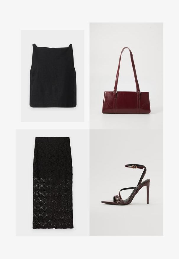 Haut court noir sans manches avec encolure carrée et ourlet droit présenté sur fond blanc.; Jupe crayon en dentelle noire avec motifs floraux et géométriques, partie inférieure transparente, ourlet droit, présentée à plat sur fond blanc.; Sandale à talons hauts en cuir verni bourgogne avec une bride de cheville, bout pointu et trois bandes horizontales sur le pied. Détail de boucle dorée.; Sac à main bordeaux en matériau brillant, de forme rectangulaire, avec deux anses et des accents légèrement courbés à l'avant.