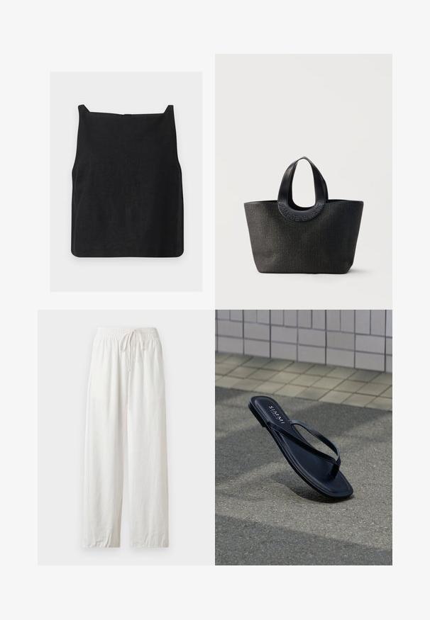 Μαύρο cropped top χωρίς μανίκια με τετράγωνο λαιμόκοψη και ίσια μπάσκα, απεικονισμένο σε λευκό φόντο.; Χαλαρό λευκό παντελόνι από λινό με ελαστική μέση και κορδόνι, εμφανίζεται επίπεδο πάνω σε ουδέτερο φόντο.; Μαύρο δερμάτινο σανδάλι-παντόφλα με λεπτά λουράκια που ακουμπά σε γκρίζο πεζοδρόμιο κοντά σε πλακωμένο τοίχο, με την επωνυμία "S. MAMMI" τυπωμένη στην εσώσολα.; Μαύρη υφασμάτινη τσάντα tote με φαρδιές στρογγυλεμένες λαβές και ανάγλυφο όνομα μάρκας "Samsøe Samsøe" σε ουδέτερο φόντο.