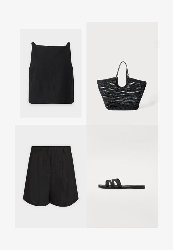 Schwarzes ärmelloses cropped Top mit quadratischem Ausschnitt und geradem Saum, dargestellt vor weißem Hintergrund.; Schwarze, hoch taillierte, maßgeschneiderte Shorts mit Gürtelschlaufen, vorderen Falten und einem leicht ausgestellten Saum vor einem schlichten hellen Hintergrund.; Schwarze Riemensandale mit flacher Sohle und zwei breiten, überkreuzten Riemen. Hergestellt aus glattem Material, mit einem minimalistischen Design und ohne sichtbare Muster.; Schwarze gewebte Tote-Tasche mit offenem Gewebemuster und zwei schlanken Griffen, vor weißem Hintergrund.