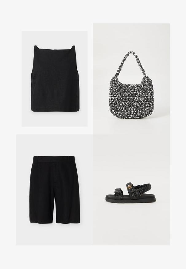 Haut court noir sans manches avec encolure carrée et ourlet droit présenté sur fond blanc.; Shorts noirs sur mesure longueur genou avec passants de ceinture, poches avant et taille plate sur un fond clair uni.; Sandales noires matelassées avec deux brides réglables, accents dorés et semelle noire texturée. Design épuré et contemporain.; Sac en osier noir et blanc de forme arrondie, avec une surface texturée et une poignée tressée. Convient à un usage décontracté.
