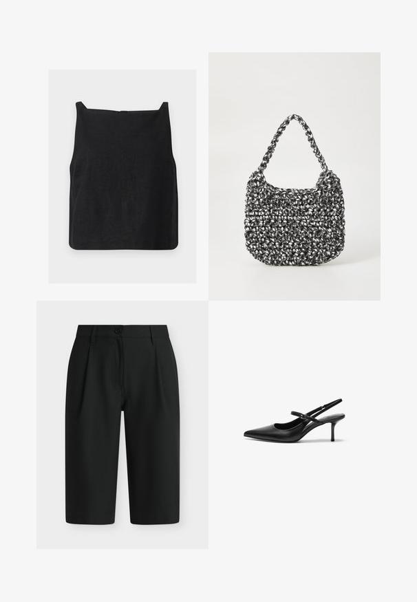 Μαύρο cropped top χωρίς μανίκια με τετράγωνο λαιμόκοψη και ίσια μπάσκα, απεικονισμένο σε λευκό φόντο.; Μαύρα σορτς μήκους έως το γόνατο, ραμμένα στα μέτρα σας, με θηλιές για ζώνη, εμπρόσθιο κουμπί και κλείσιμο με φερμουάρ, εμφανιζόμενα σε απλό λευκό φόντο.; Μαύρες δερμάτινες γόβες slingback με λεπτή μύτη, λεπτή ρυθμιζόμενη λουρί και περίπου 5 εκ. τακούνι στιλέτο, απαλή υφή.; Πλεκτή τσάντα χρώματος μαύρου και άσπρου με στρογγυλό σχήμα, υφή και πλεκτή λαβή. Κατάλληλη για καθημερινή χρήση.