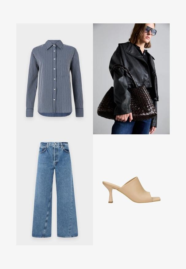 Chemise à boutons en rayures bleu marine et blanches, à manches longues, avec une poche poitrine unique et un col classique, fabriquée en tissu léger.; Jean en denim bleu à jambe large avec taille haute, fermeture à bouton et poches avant. Le tissu a une texture subtile et une finition décolorée.; Mules beige à bout ouvert avec une tige courbée, en cuir lisse, et un talon bloc de hauteur intermédiaire avec un accent de base contrastant.; DRAGON DIFFUSION SANTA CROCE BIG - Sac à main - dark brown