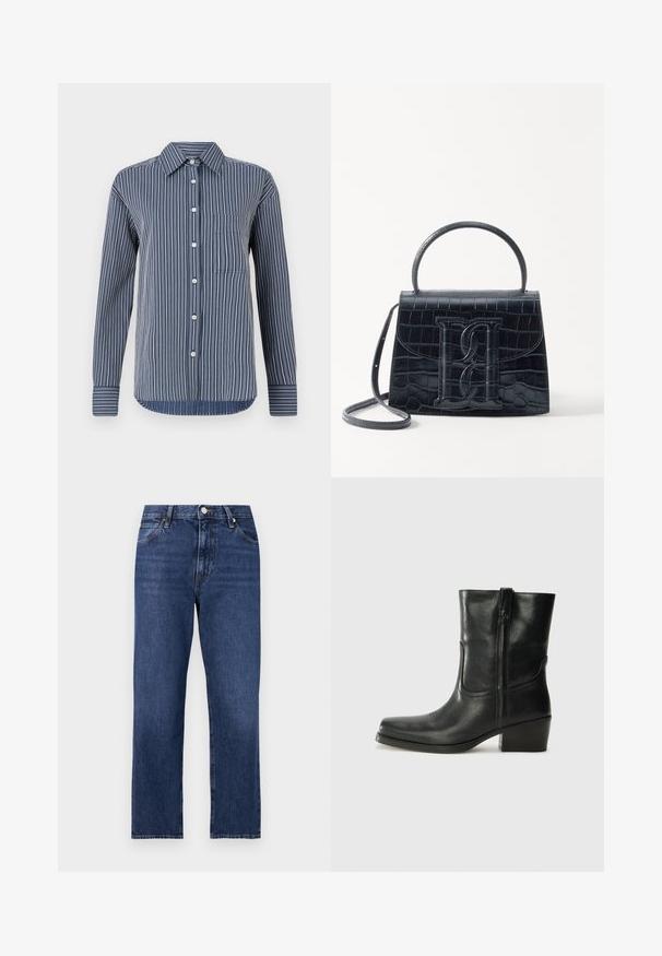 Knapp-up skjorte i marineblå og hvide striber, lange ærmer, enkelt brystlomme og klassisk krave, lavet af letvægtsstof.; Denim jeans i en mørkeblå vask. Lige ben-design med fem-lomme stil, front lukning med knap og kontrasterende syning.; Sort læder ankelstøvle med rundt tå, blokhæl, lynlås i siden og stikninger på vampsiden. Glat tekstur, klassisk design.; Sort krokodillede læderhandbag med en struktureret design, top-håndtag, justerbar rem og et fremtrædende frontlogo.