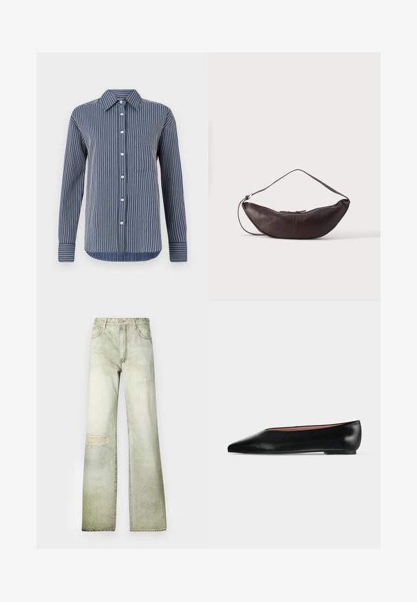 Overhemd met knopen in marineblauw en witte strepen, lange mouwen, een enkele borstzak en een klassieke kraag, gemaakt van lichtgewicht stof.; Vervaagde groene denim jeans met een hoge taille, wijde pijp en versleten plekken. Voorzien van een knoopsluiting en vijf zakken.; Zwarte leren damesschoen met platte zool, puntige neus en lage hak, zijwaarts afgebeeld tegen een effen lichtgrijze achtergrond.; Donkerbruine leren schoudertas in halve maan vorm met een gebogen band en zichtbare stiksels op een effen achtergrond.