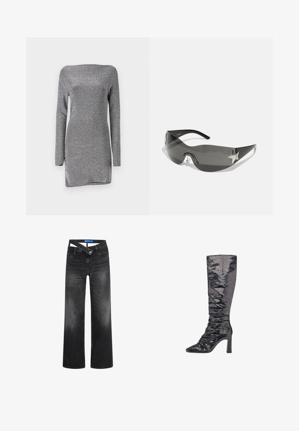 Sølvfarvet, langærmet kjole med en tætsiddende silhuet, lavet af et struktureret, glitrende stof, med en off-the-shoulder halsudskæring og en sideslids.; Blandede sorte vidde jeans med en falmet finish, der har et unikt crossover-bælte design, fem lommer og en standard knaplukning.; Knæhøje sorte støvler med perler, spids tå, struktureret hæl og samlet tekstur langs skaftet for en tætsiddende silhuet.; Sorte solbriller med wrap-around design, mørktonede linser, skinnende stjerneformede detaljer og justerbare næsepuder.
