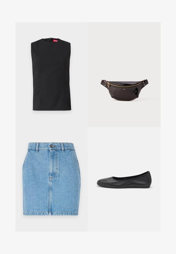Top noir sans manches avec un col haut, des pinces sur le devant et une fermeture éclair invisible au dos. Fabriqué en tissu lisse avec une coupe structurée.; Jupe en denim bleu clair, avec un design ajusté, un style à cinq poches et des coutures contrastées. Le matériau a une finition texturée.; Ballerines en cuir noir avec un bout rond, texture lisse, détails de couture minimalistes et design de semelle flexible.; Fanny pack en cuir noir et brillant avec un design courbé, accent en zip doré, sangle réglable et petit matériel décoratif.