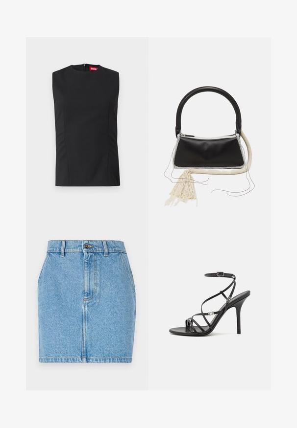 Top noir sans manches avec un col haut, des pinces sur le devant et une fermeture éclair invisible au dos. Fabriqué en tissu lisse avec une coupe structurée.; Jupe en denim bleu clair, avec un design ajusté, un style à cinq poches et des coutures contrastées. Le matériau a une finition texturée.; Sandale noire à talons hauts avec des brides fines, une boucle à la cheville, une surface en cuir lisse et un talon aiguille élancé.; Sac en cuir noir avec une poignée arrondie, fermeture éclair en argent, bordure en fourrure blanche et un long gland crème attaché à l'avant.
